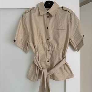 Zara Short Sleeve Tie-Waist Button Front Shirt/Safari Short, Beige